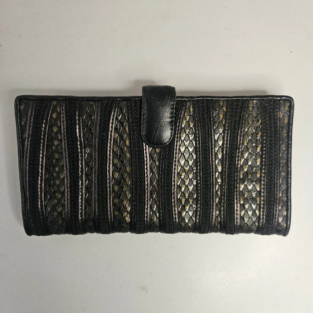 Vintage Black Metallic Snakeskin Stripe Kiss Lock‎ Bifold Wallet Gold